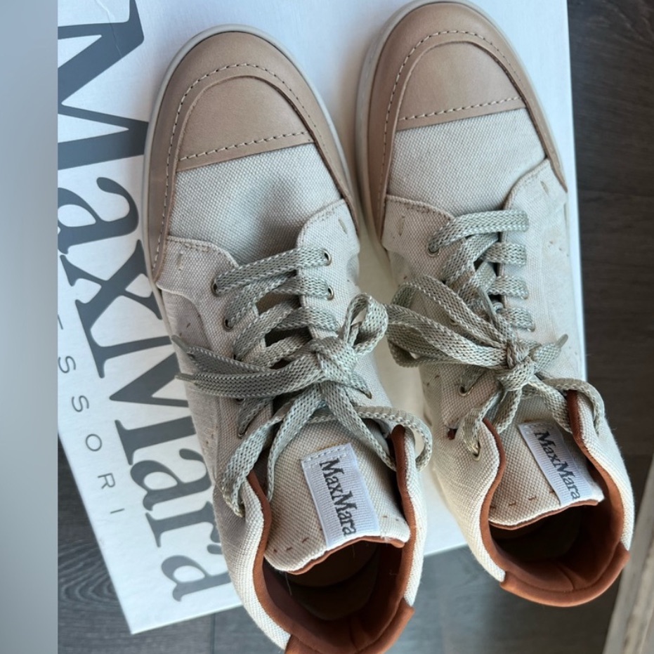 $685 Nib 7.5 Maxmara Beige Tan High Top Sneakers Canvas Leather